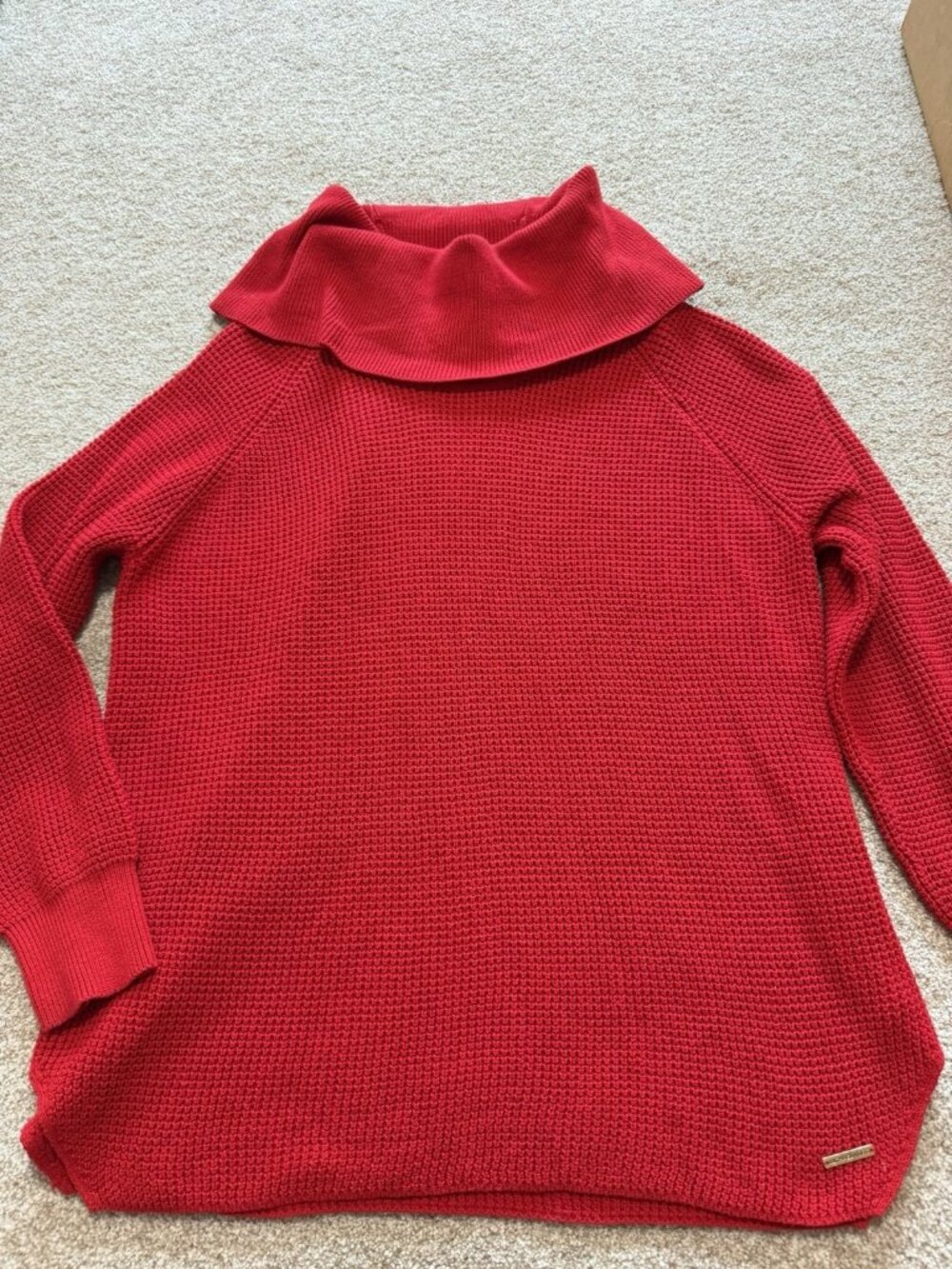 Michael Kors Cowl Neck Red Cotton Blend Waffle Knit Pullover Sweater Size XL